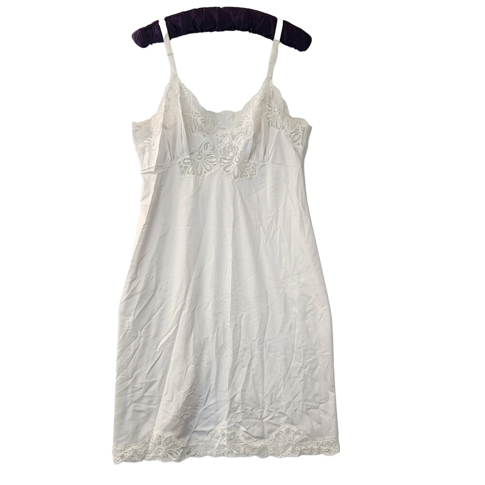 Vntg Shadowline Womens Slip Dress 36  Lace Floral Detailing Lingerie White #2217